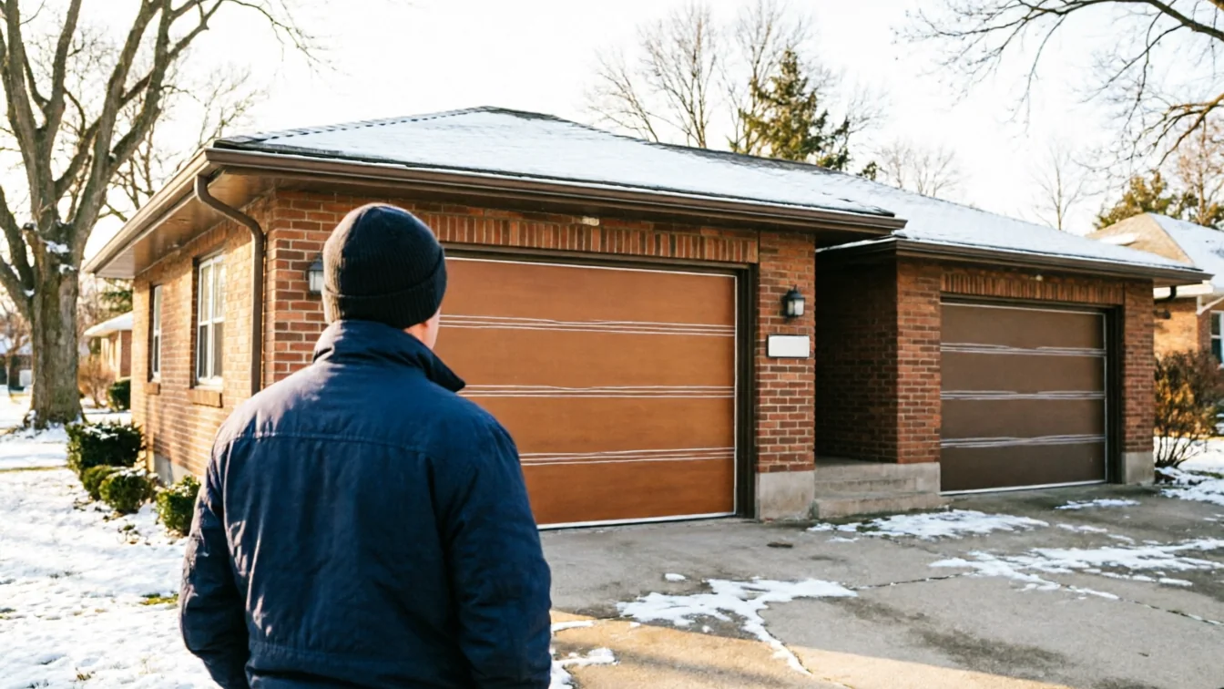 A technician stands in a snowy driveway looking at a brown garage door on a brick house.