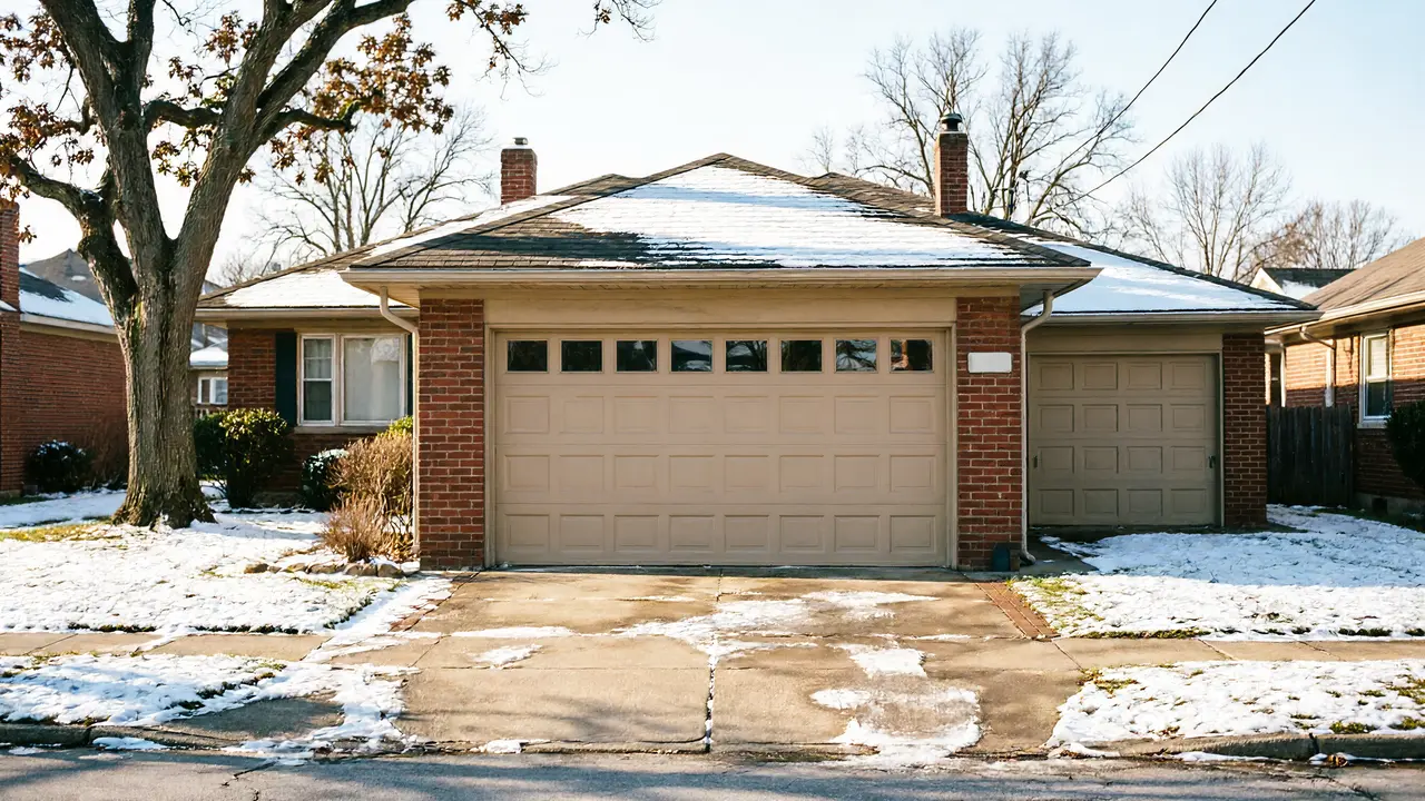 A house with two beige garage doors and a snow-covered roof.