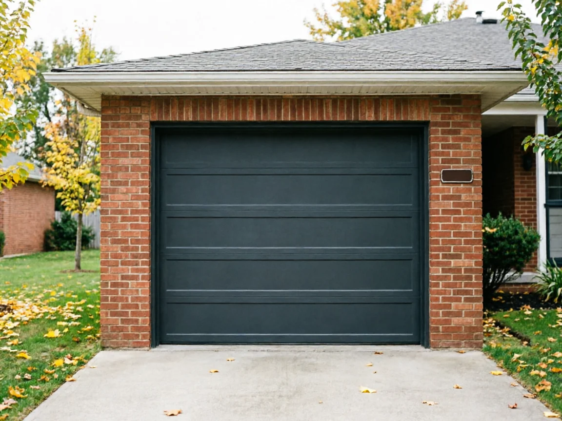 The house has a dark gray garage door and red brick walls.
