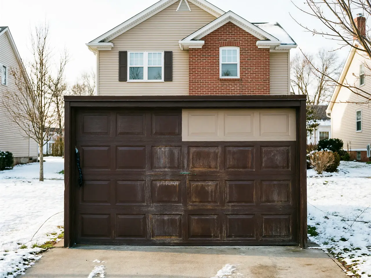 The garage door is brown and tan, with a house and snowy yard behind it.