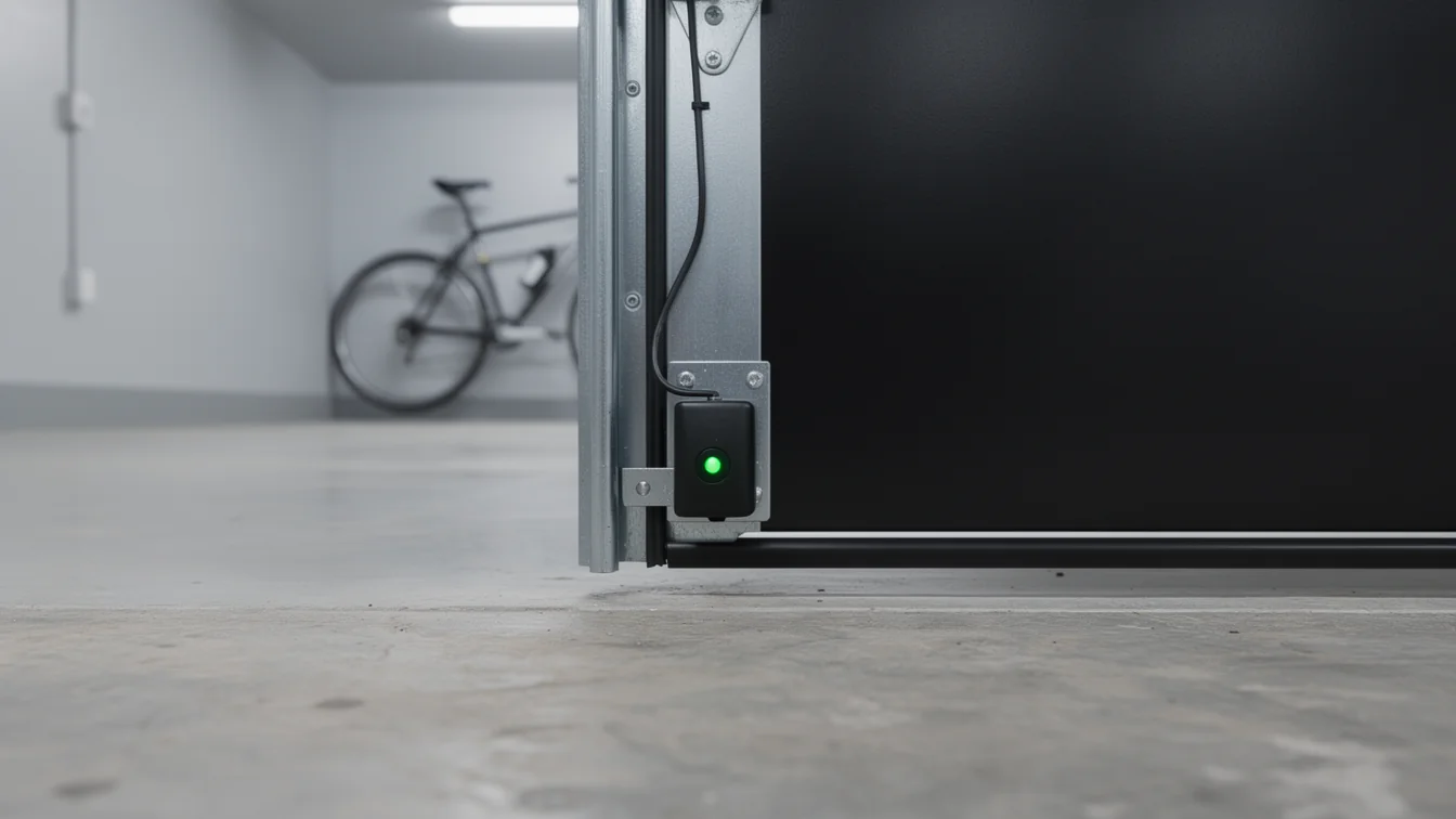 A black garage door sensor with a green light is mounted on a metal track.