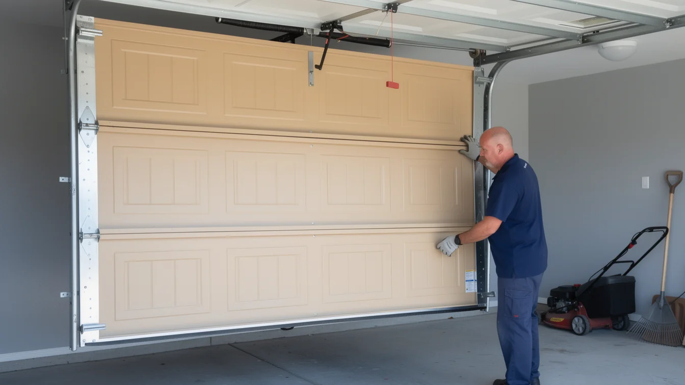 A technician in a blue shirt is working on a beige garage door.