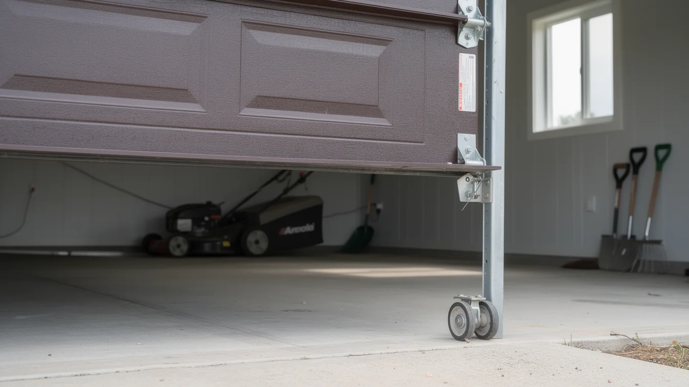 A brown garage door is partially open, showing a lawnmower and tools inside.